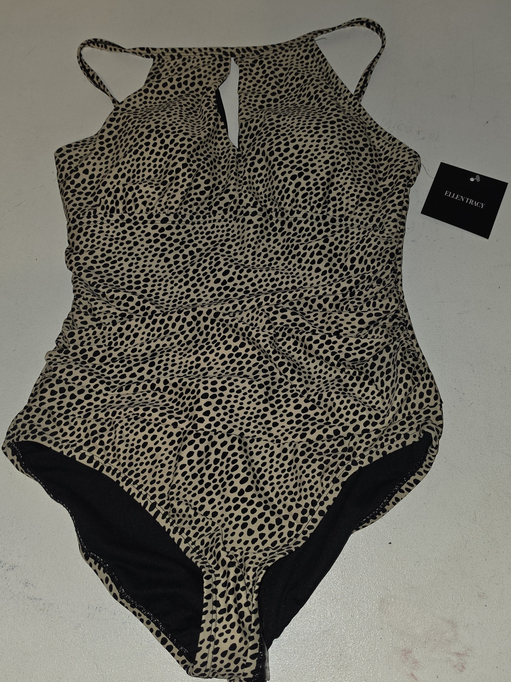 Ellen Tracy Beige One-Piece Swimsuit with Black Dots